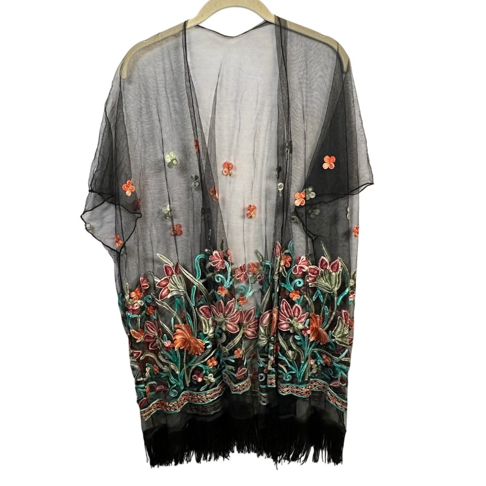 Black Sheer Floral Embroidered Mesh Kimono Cardigan with Fringe Trim One Size